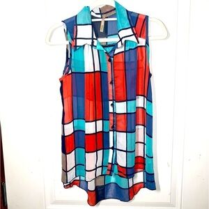 Vintage Poema Geometric print button down sleeveless blouse Small
